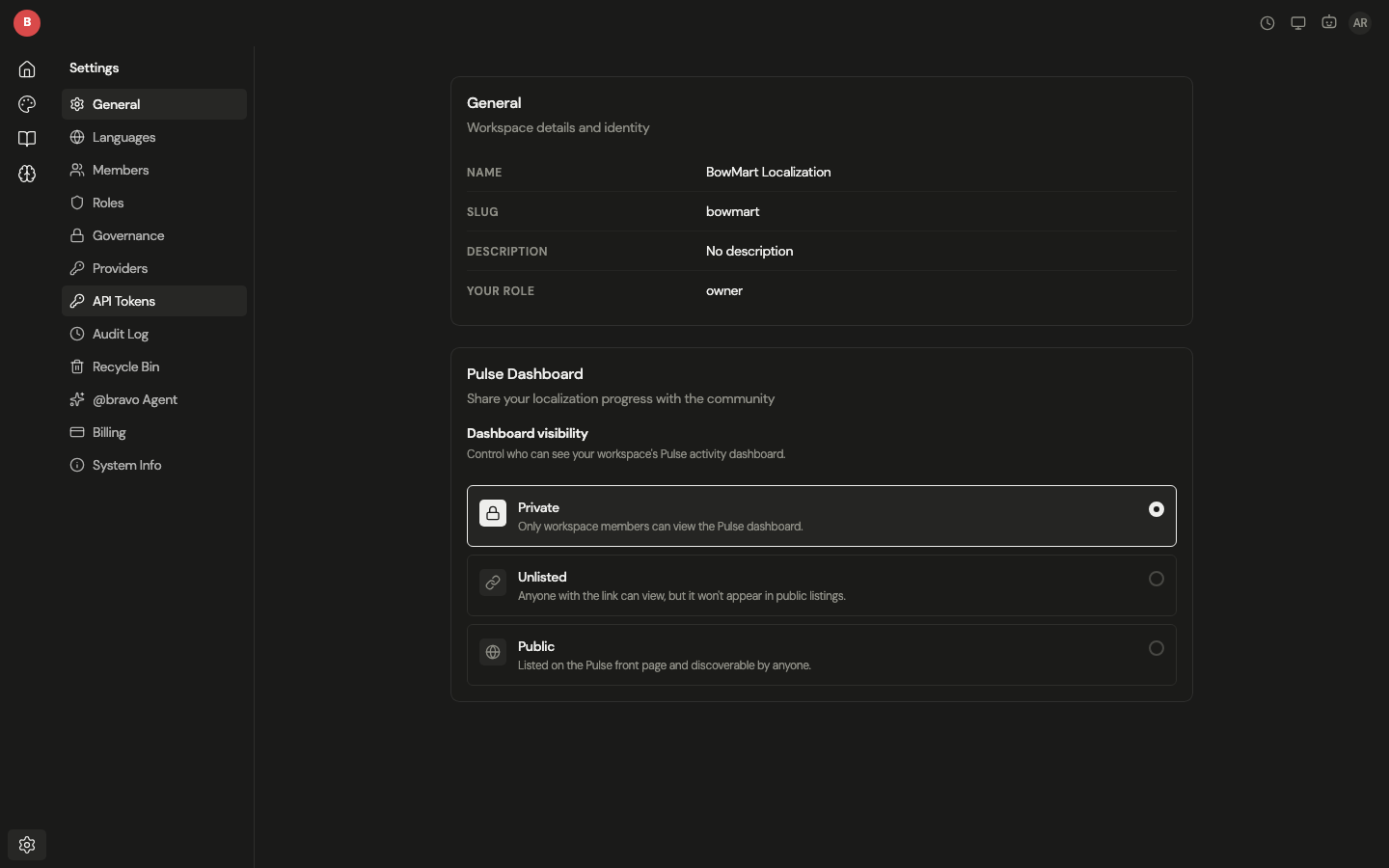 Settings page with workspace information