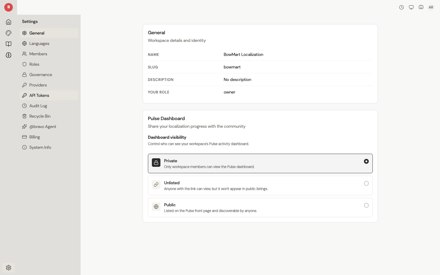 Settings page with workspace information